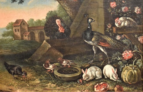 Tableaux et dessins Tableaux XVIIe siècle - Cour de ferme avec des animaux et des Fleurs - École Flamande du XVIIe siècle